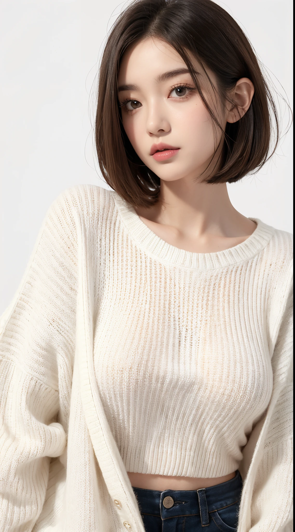 1girl,face,white background,Boyfriend Bob hairstyles, breasts, sweater