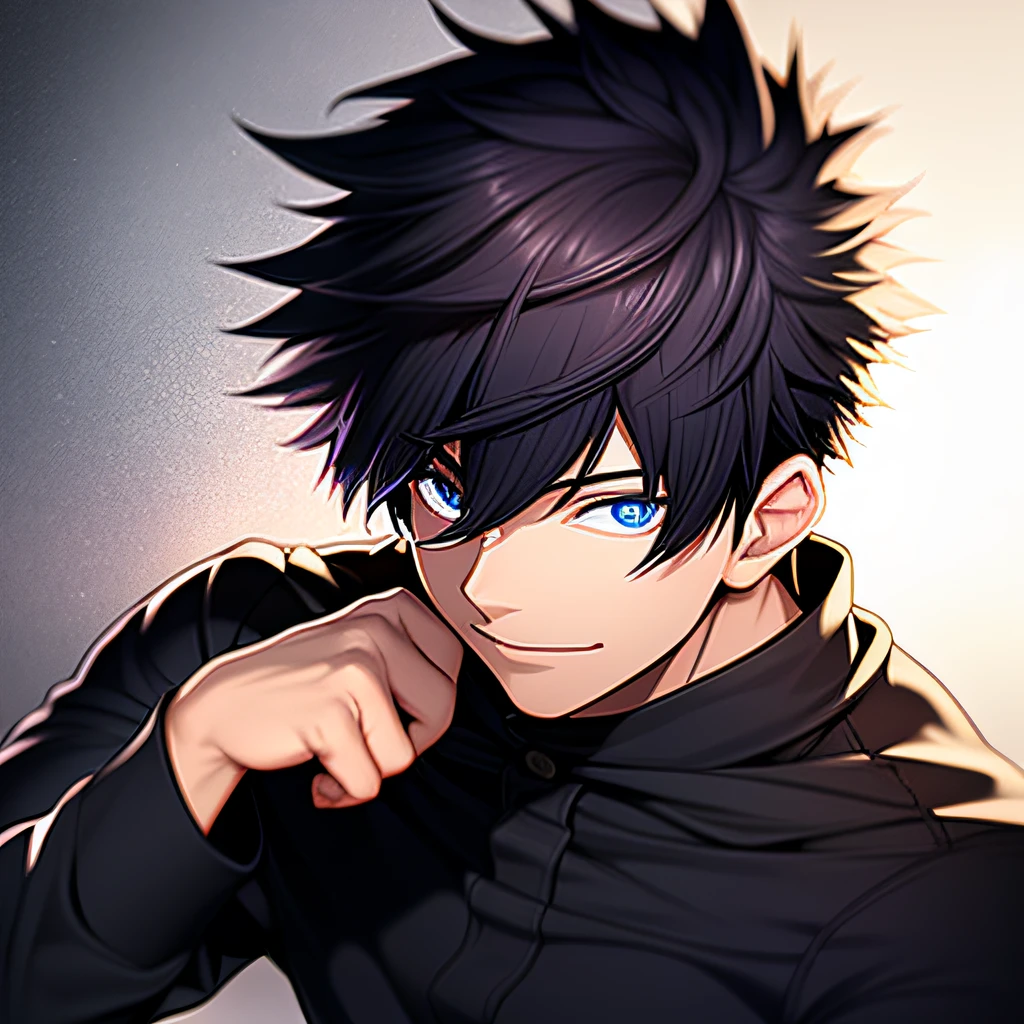 ((best quality)), ((master part)), ((Realistic)),  , menino,messy and spiky obsidian black hair, olhos verdes esmeralda, terno preto arroxeado, sem empate, camisa preta arroxeada, purplish black social pants