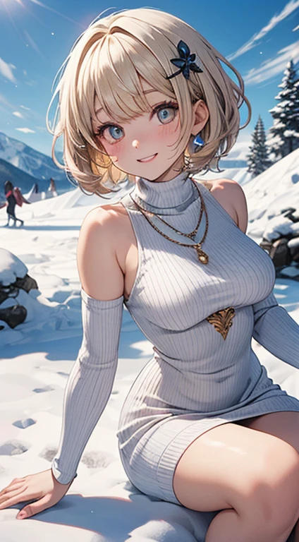 //Character
1girl, traveler to a resort in snow country , slim and soft, medium large breast, ultra detailed face, super cute,innocent, round face, thin eyeblow, sparkly pupils, translucent skin, smiling full of compassion, extra short hair , blonde hair , multi color hair, shaggy bangs,
BREAK
//Fashion
snowy mountain resort attire
Her outfit is styled with images of white snow fairies
pure white knee length knitted dress with large ribs, sleeveless, turtle neck,
tiny glossy necklace, hair ornament,
her clothes shows off her body line but the rim is fluffy
BREAK
at the resort hotel in the snowy mountain, sunny day