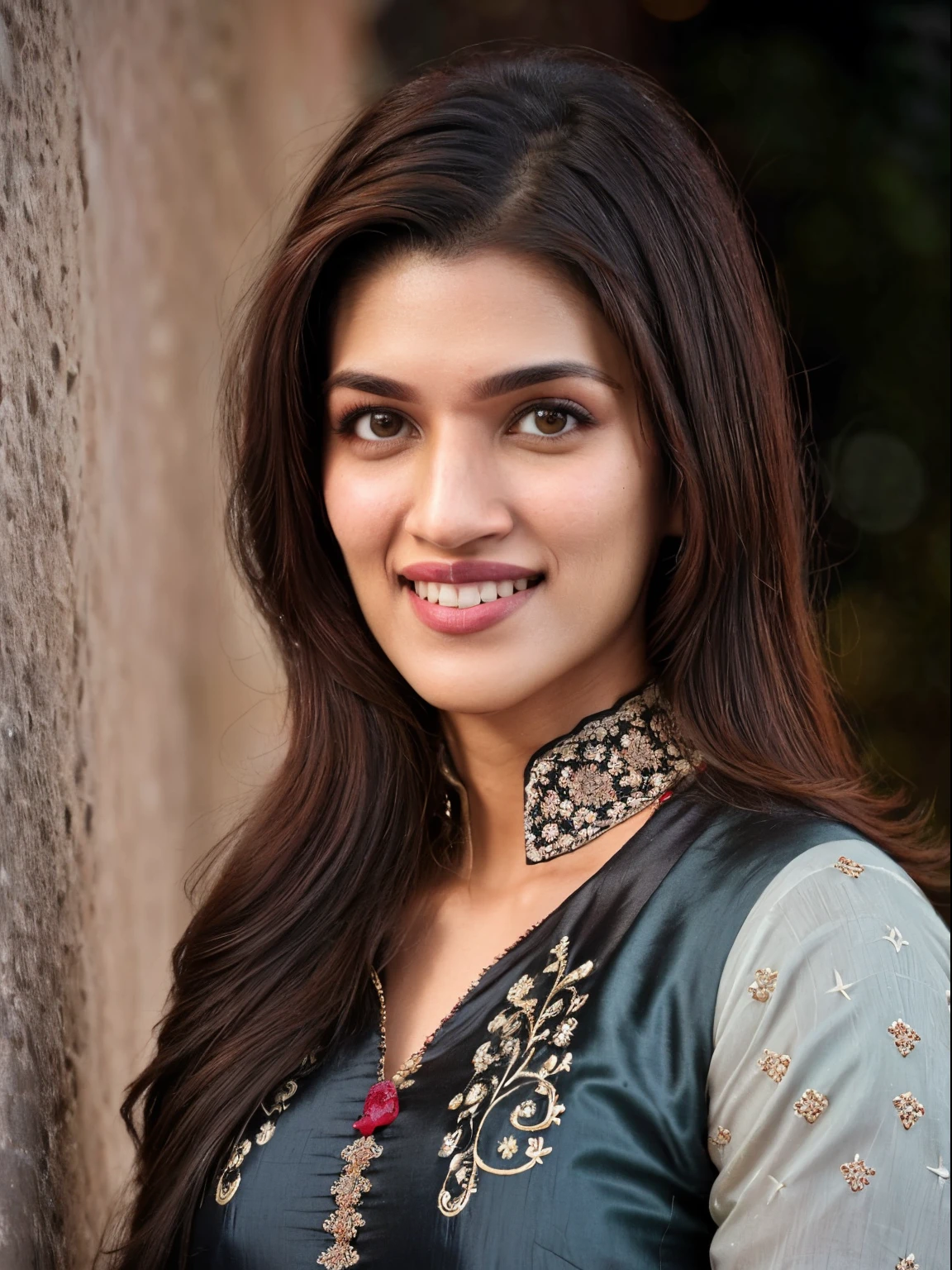 ultrarealistic hires close up photo of a 30-year-old krsa woman, outdoors, looking at camera, high collar (salwar_kurta:1.2), smiling, loose hair, night time, beautiful bokeh background, dark theme