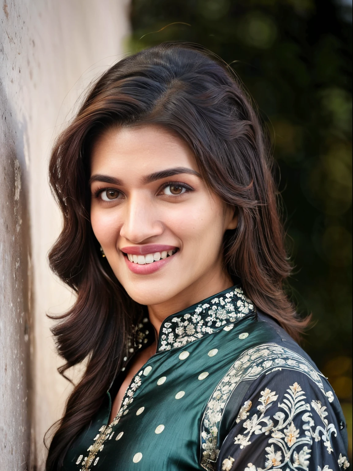 ultrarealistic hires close up photo of a 30-year-old krsa woman, outdoors, looking at camera, high collar (salwar_kurta:1.2), smiling, loose hair, night time, beautiful bokeh background, dark theme