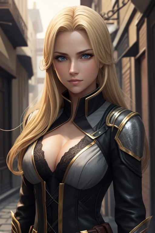 Woman. Golden blond. English appearance. Sharp facial features. Grey eyes. Thief costume.