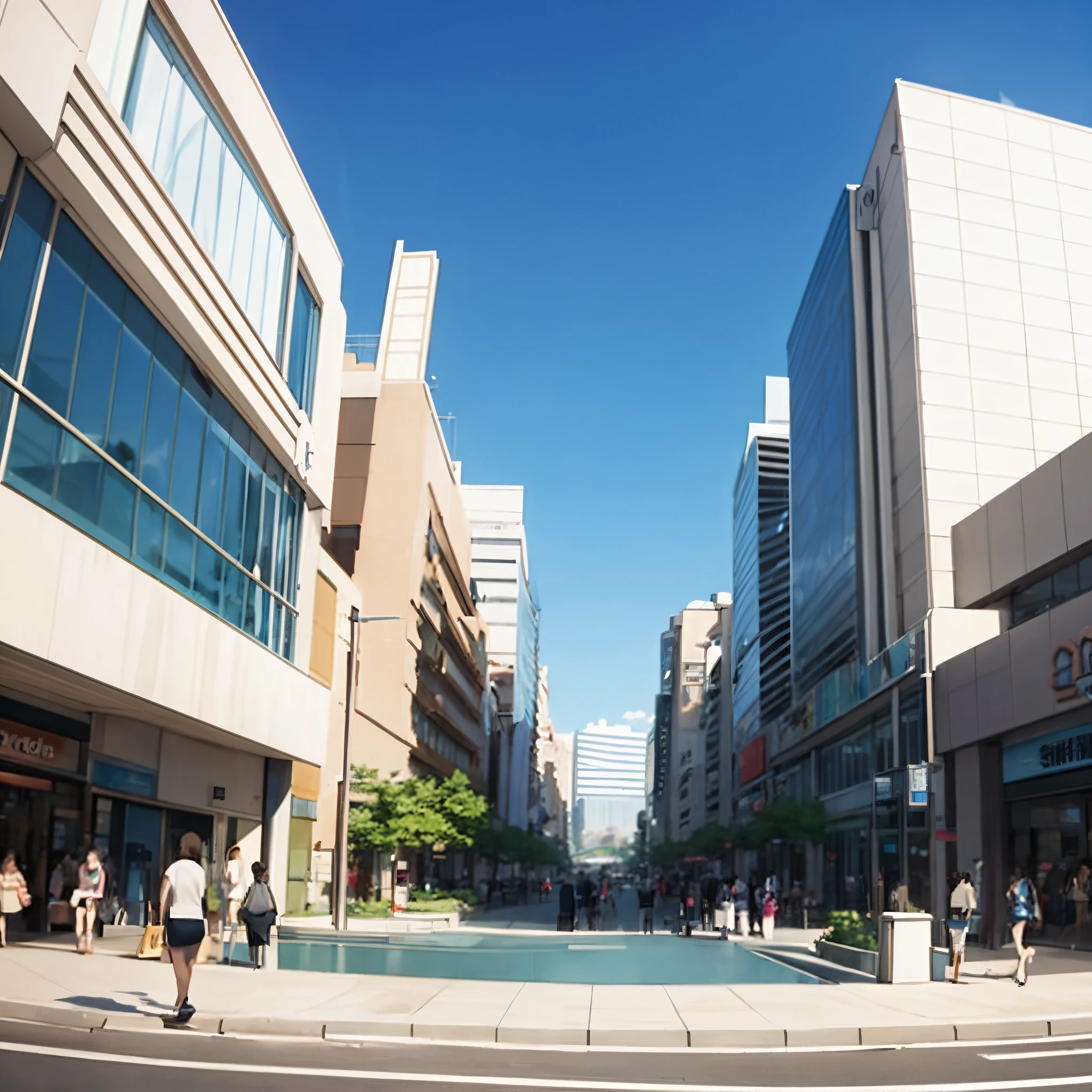 Front view，Background with，Makoto Shinkai's style，streetview，High-rise shopping mall，During the day，Heads-up