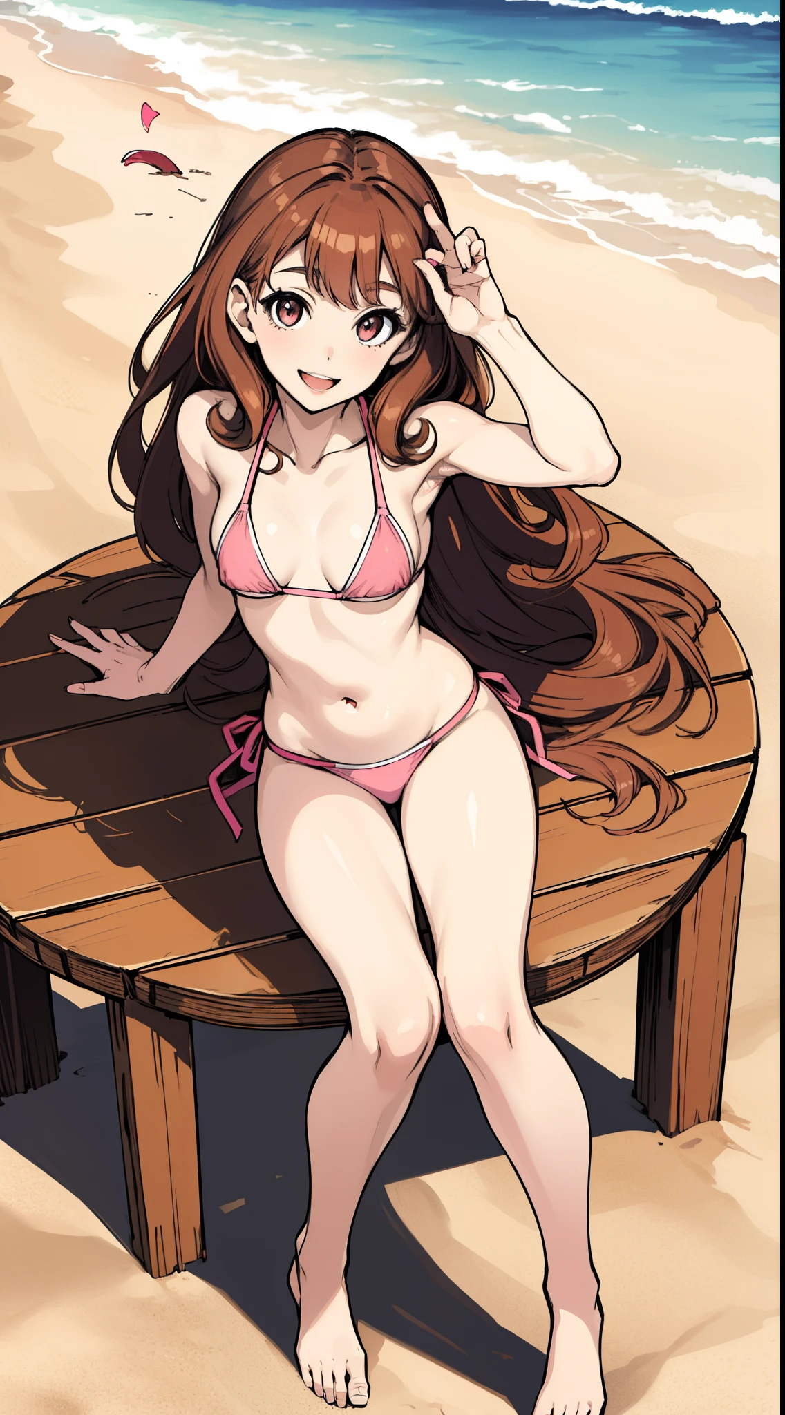 masterpiece,best quality, 1girl, solo, caucasian, pale skin, long curly brown hair, hazel eyes, pink bikini, beach, full body, smile