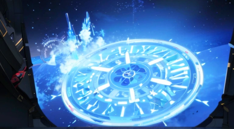 There is a blue circle，There is a clock on it, Summon the Dharma Array, Holographic runes, magical girl anime magical girl, grand order of destiny, luminous scene, Screenshot of the animated movie, ethereal anime, Screenshots from the 2012 animation, anime movie screenshot, Today’s recommended anime is still, RPG scenario, cutscene clips