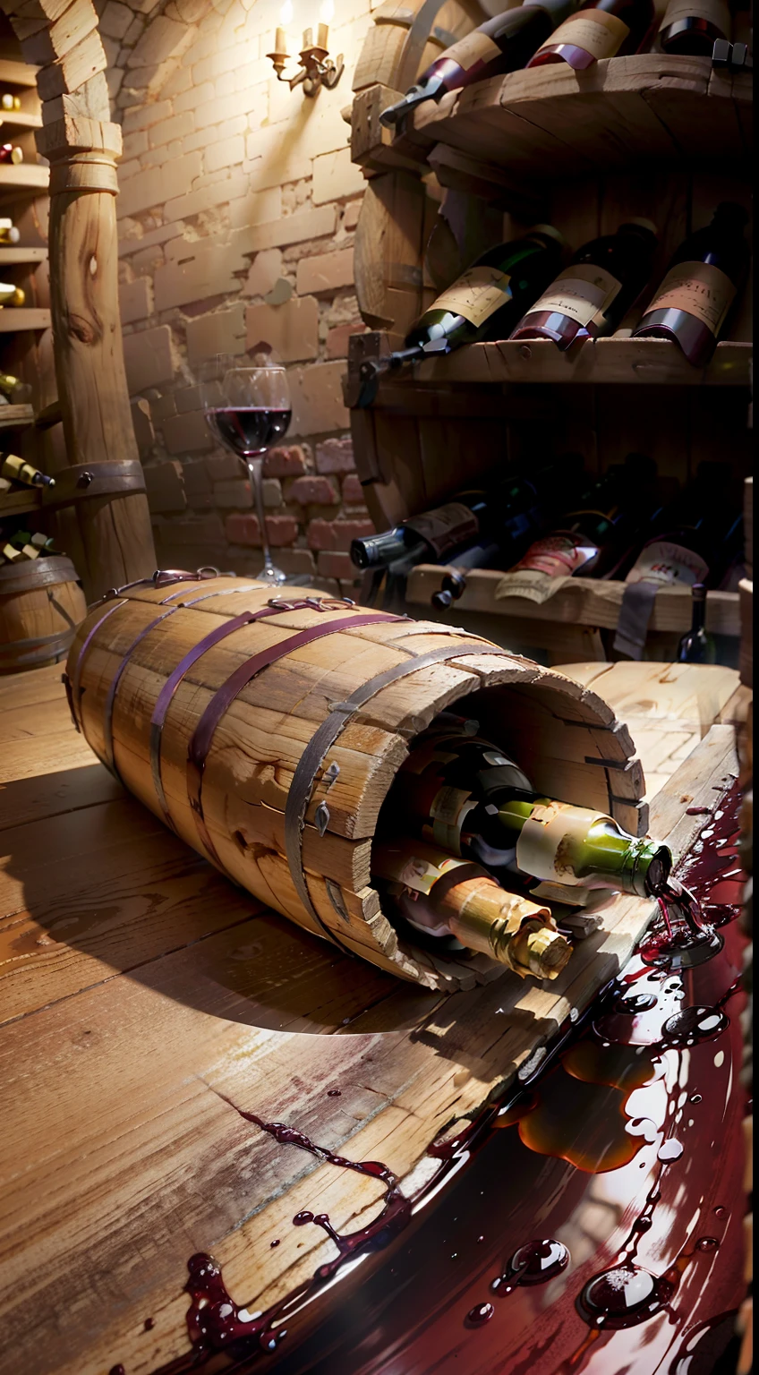 Extreme closeup,Scavenging,tmasterpiece,Wine cellar,((red wine on table)), Red wine glasses,bottle opener,many oak barrels,illuminate warmly,In the wine cellar,c4d,Empty product display scene,Positive point of view,first person perspective