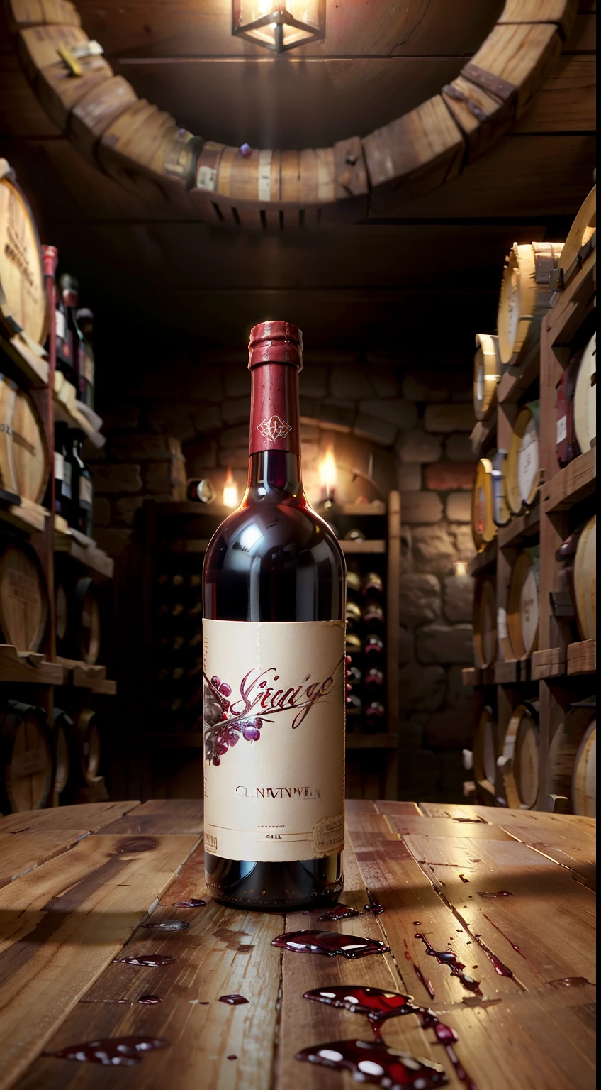 Extreme closeup,Scavenging,tmasterpiece,Wine cellar,((red wine on table)), Red wine glasses,bottle opener,many oak barrels,illuminate warmly,In the wine cellar,c4d,Empty product display scene,Positive point of view,first person perspective