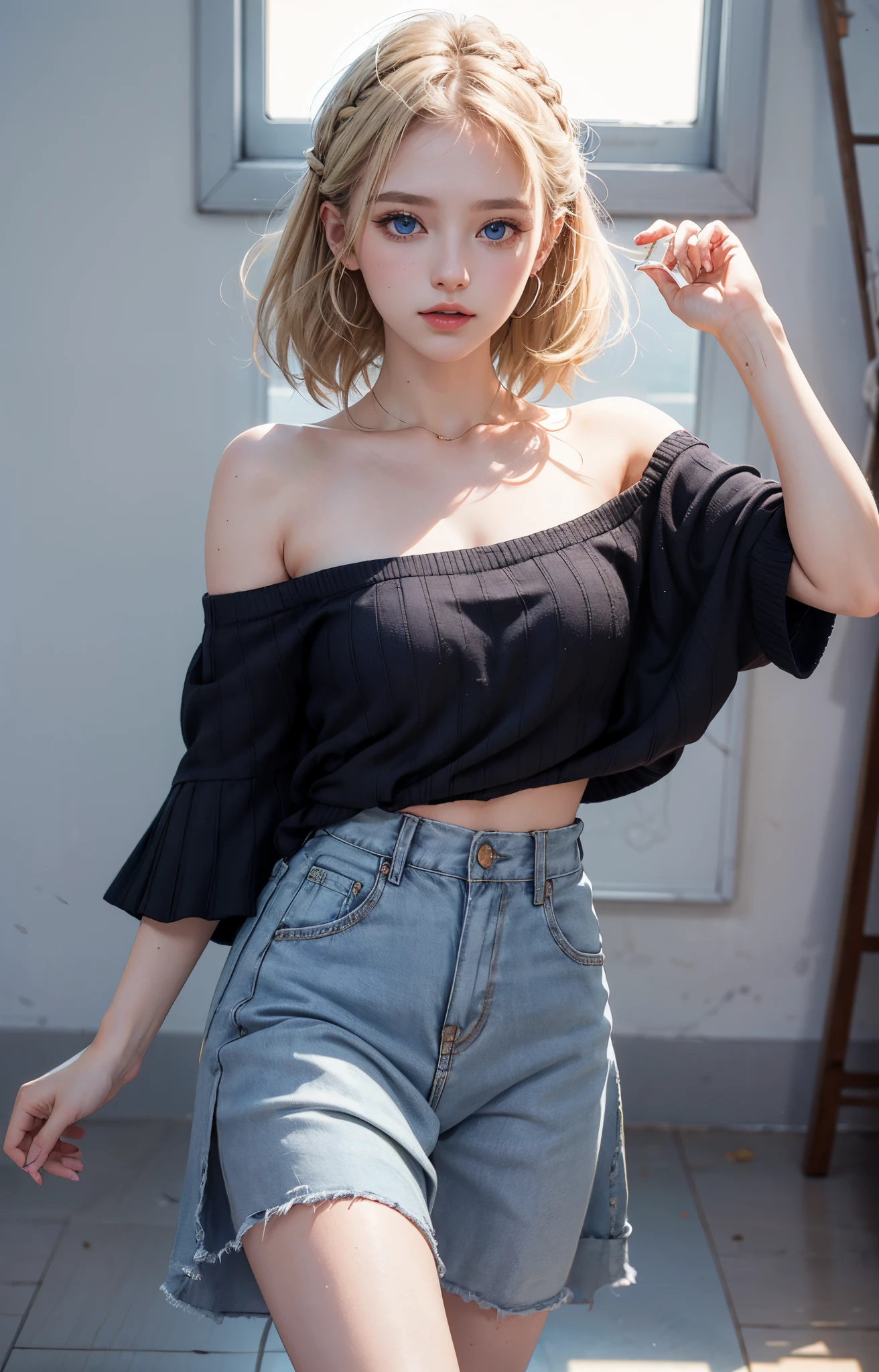 Mujer arafed con un top a rayas y jeans apoyados contra una ventana, vistiendo un top corto sexy, foto de modelo chica delgada, 2 4 year old female model, vistiendo top corto, jia, con gafas de sol, usando un top corto, Lalisa Manobal, dilraba dilmurat, usando un top cortos, usando un top corto, con una cintura delgada