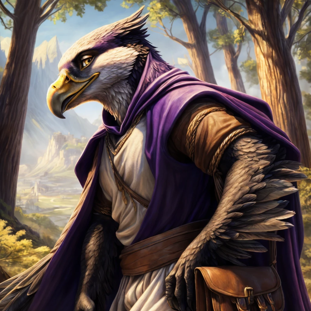 an anthro eagle flying over a forest during the day, ((nj5furry, solo, flying in air, looking down, masterpiece, anthro, male, eagle-face, medium-length claws, black claws, slender body, three-tone feathers, detailed feathers, feathered body, feathered arms, large feathered wings, small leather satchel)), searching expression, superman pose, arms held at side, (gold eyes, (loose medieval white drawstring pants: 1.4, loose medieval white shirt: 1.4, chest-length purple cape: 1.4)), forest background, sky background, large city background, best quality,4k,8k,highres,masterpiece:1.2), ultra-detailed,(realistic,photorealistic,photo-realistic:1.37),drawn with colored pencils, richly detailed, traditional style landscapes, scenic beauty, beautifully detailed books, fine textures, soft and vibrant colors, sunlit atmosphere, tranquil and peaceful ambiance, impressionistic brush strokes, focus on foreground and background, depth and perspective, ethereal lighting effects, close-up camera angle, side view camera angle