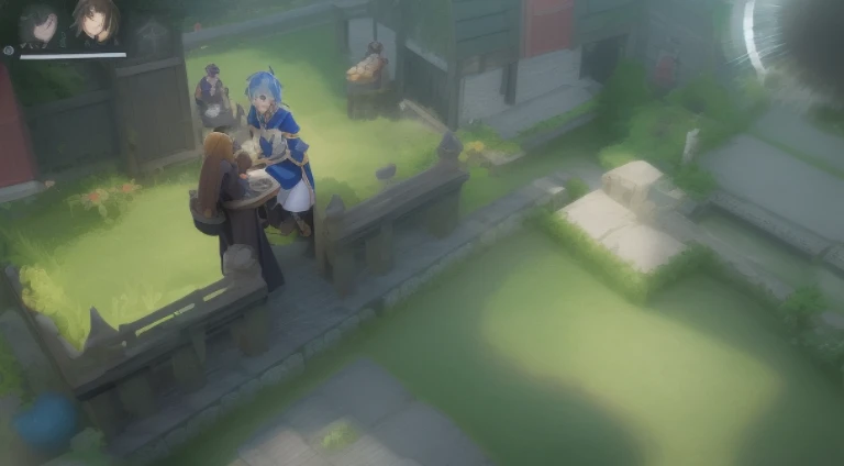 Two people are sitting at a table in the courtyard, konosuba, konosuba anime style, RPG scenario, Battle of the Demon Realm, Rune Factory 5 art style, Rimuru plays chess, Figures in robes sit around a table, video game screenshot>, Screenshot of the animated movie, inca, anime movie screenshot, High-resolution scanning