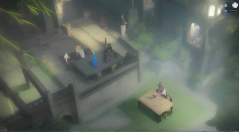 Two people are sitting at a table in the courtyard, konosuba, konosuba anime style, RPG scenario, Battle of the Demon Realm, Rune Factory 5 art style, Rimuru plays chess, Figures in robes sit around a table, video game screenshot>, Screenshot of the animated movie, inca, anime movie screenshot, High-resolution scanning