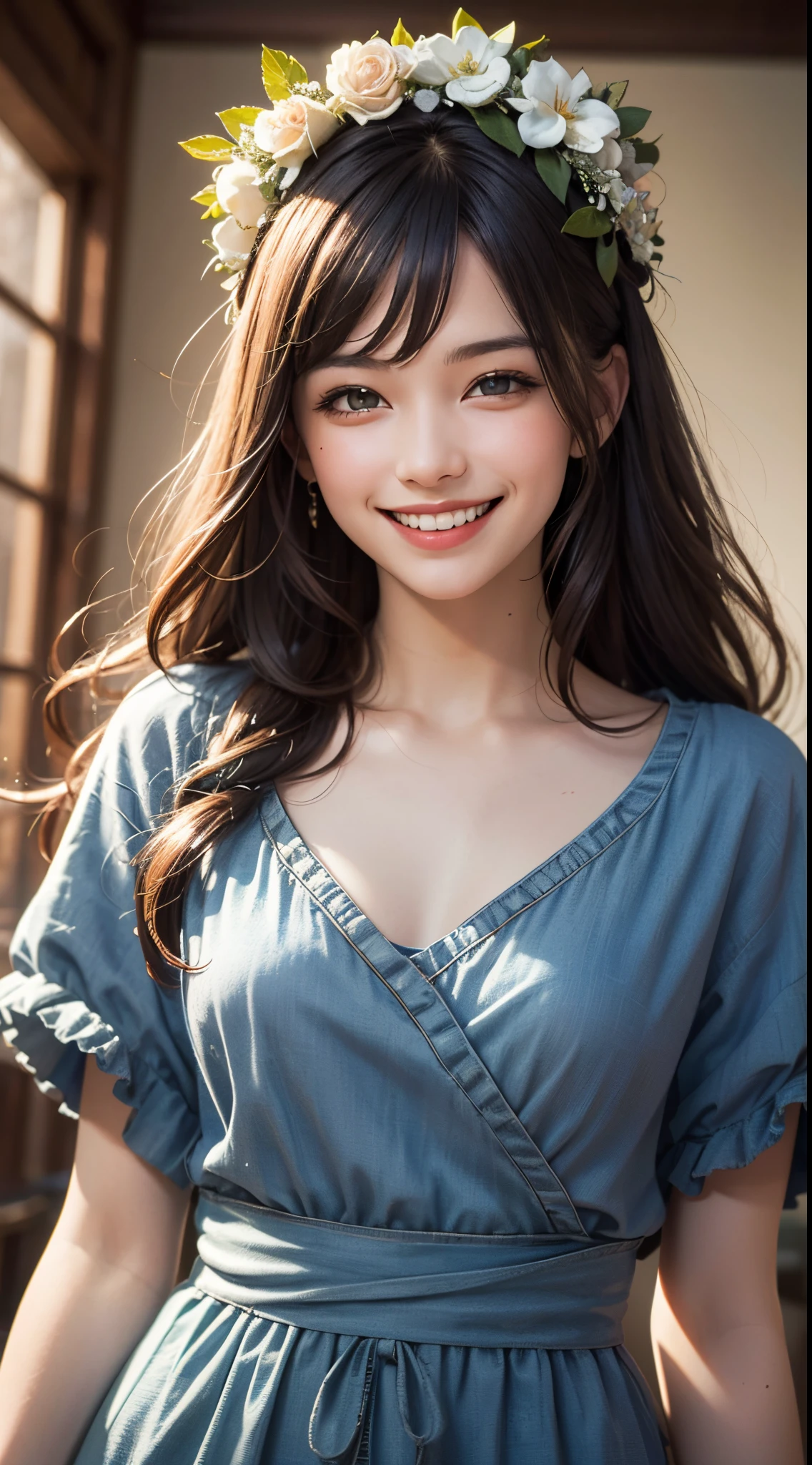 [eye reflection], (smile and laugh:1.5), head wreath, UHD, retina, masterpiece, ccurate, anatomically correct, textured skin, super detail, high details, high quality, best quality, highres, 1080P, HD, 4K, 8k, 16k