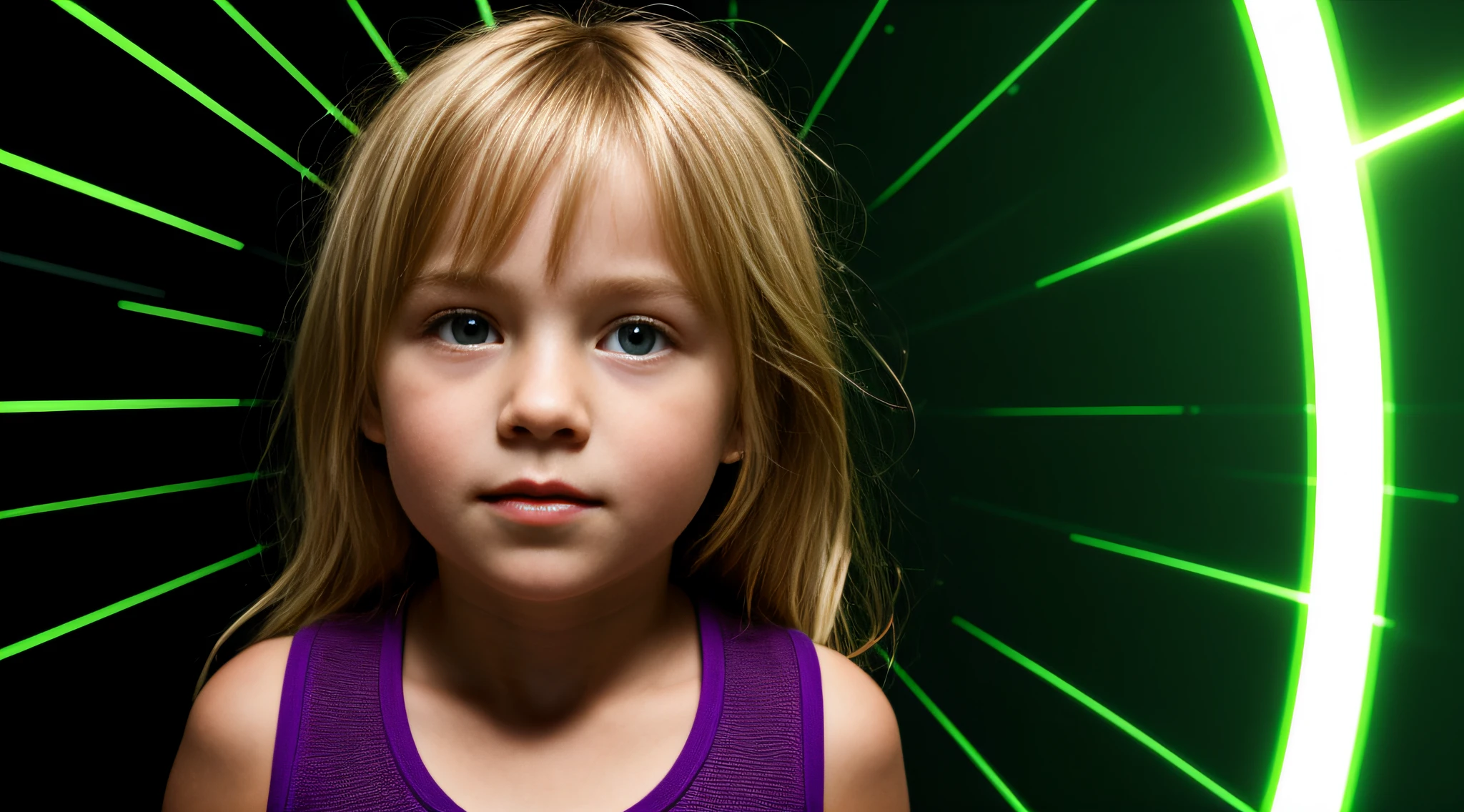 a blonde child girl, com asas em um fundo roxo, Asas pretas ligeiramente queimadas, Asas Negras, lasers verdes, background black.