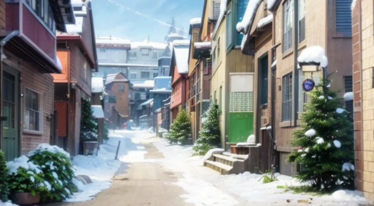 Snowy alley cartoon scene with green door and green door, Screenshot of the animated movie, Bustling magic town, town in background, Small town background, Anime background art, Downtown background, beautiful anime scenes, Anime landscape concept art, anime backgrounds, Still from TV animation, Still from anime, arte de fundo, konosuba anime style