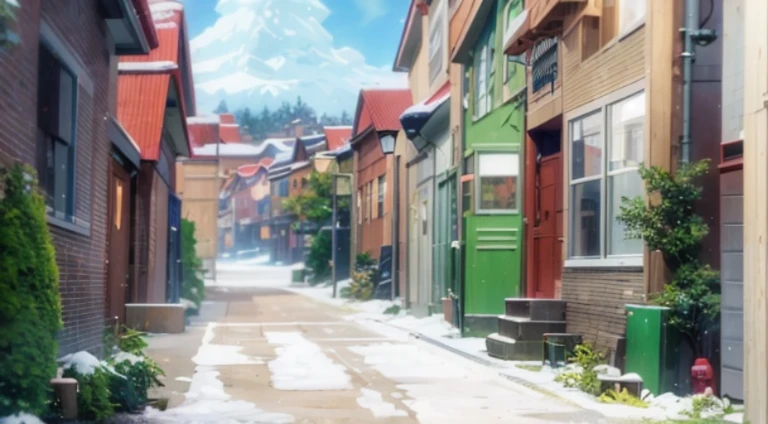 Snowy alley cartoon scene with green door and green door, Screenshot of the animated movie, Bustling magic town, town in background, Small town background, Anime background art, Downtown background, beautiful anime scenes, Anime landscape concept art, anime backgrounds, Still from TV animation, Still from anime, arte de fundo, konosuba anime style