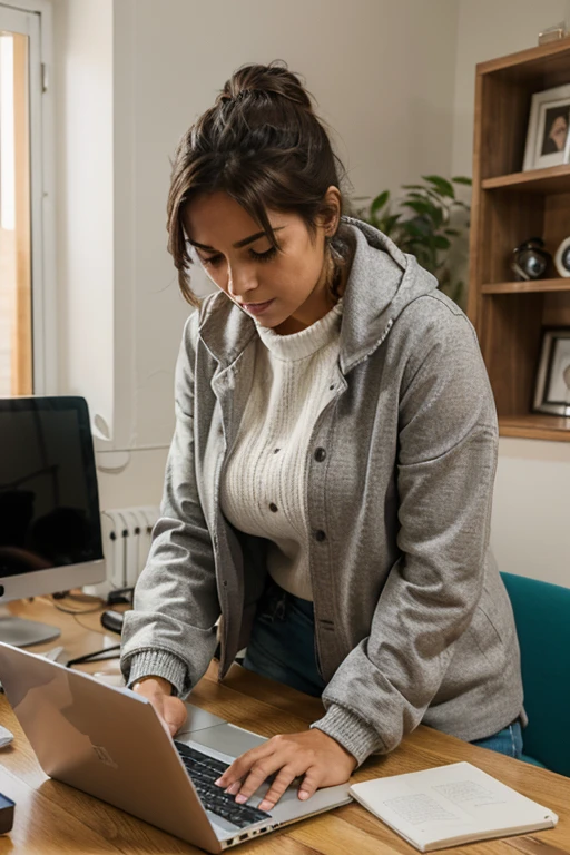 mujer trabajando en su computadora con chaqueta de frio en en interior de su casa