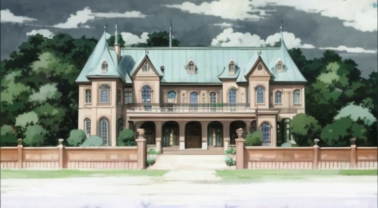 Painting of a large house with bell tower and fence, Madhouse Studio anime style, style of madhouse anime, huge mansion, The headquarters is very detailed, Screenshots from the 2012 animation, Gothic mansion, 1 8th century manor, anime scene, vaporwave mansion, in their noble mansions, wealthy house, madhouse anime studios