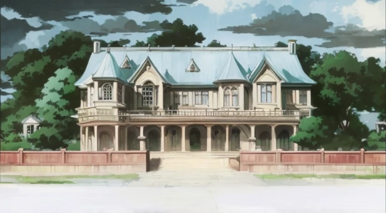 Painting of a large house with bell tower and fence, Madhouse Studio anime style, style of madhouse anime, huge mansion, The headquarters is very detailed, Screenshots from the 2012 animation, Gothic mansion, 1 8th century manor, anime scene, vaporwave mansion, in their noble mansions, wealthy house, madhouse anime studios