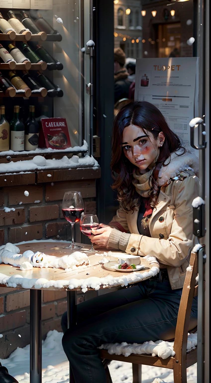Close-up of the scene,scene capture,tmasterpiece,Corner cafe entrance,Several tables,A few chairs,(( a wine glass on the table )),claret,coffee mug,In the daytime,Street side,Winter sun,Winters,There is snow,Snowman on the roadside,c4d,Empty product display scene,Front view,first person perspective,Heads-up shooting,Real-world scenarios,No Man