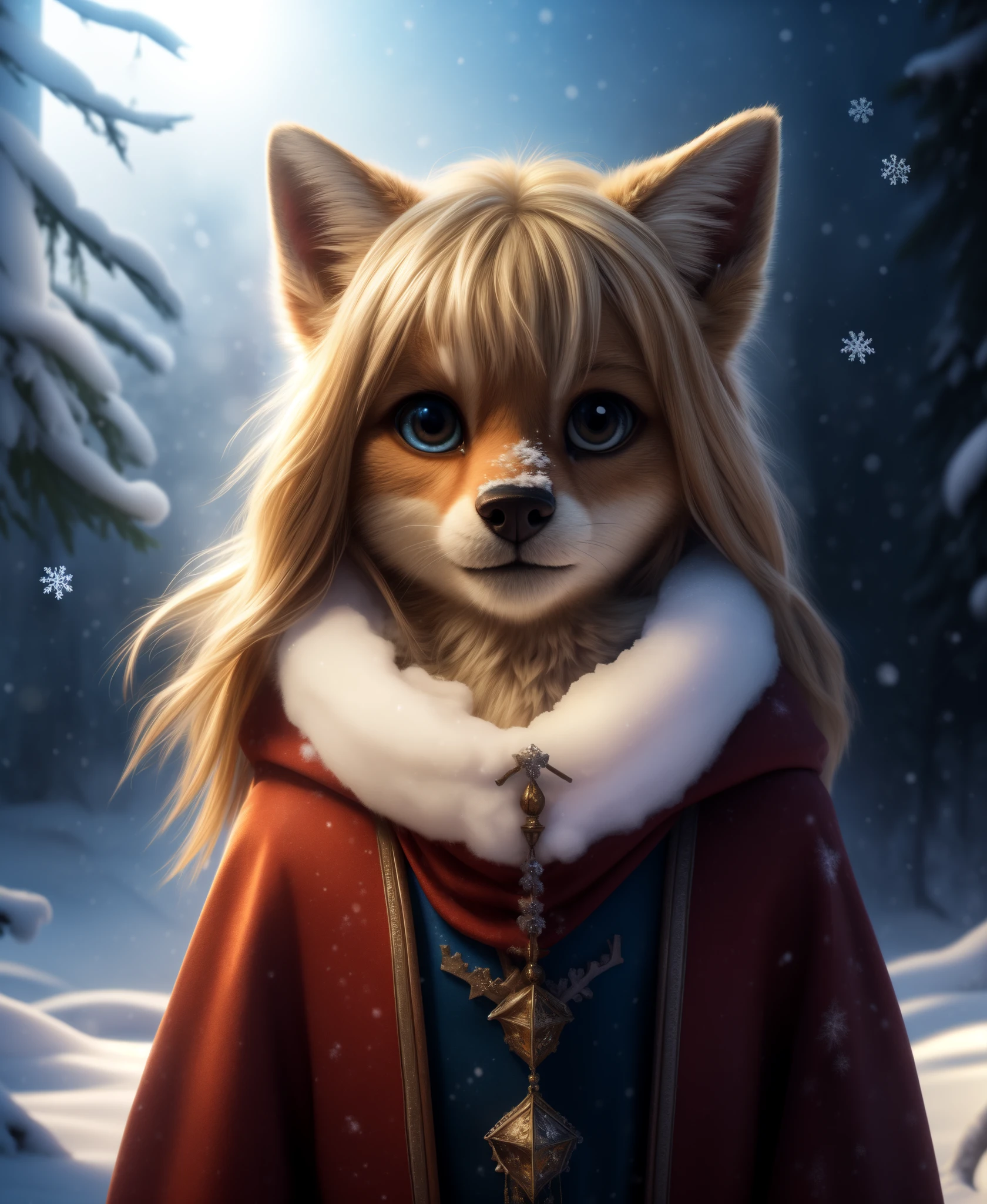 (raw photo: 1.2), (photorealistic: 1.4), (best quality: 1.4), (ultra highres: 1.2), (highly detailed: 1.3), (HDR: 1.2), (cinematic lighting: 1.3), (detailed eyes), (detailed facial features), (detailed fur), (snowy background: 1.2), blonde hair 8--old ody portrait 3/4: 1.2),, (soft fur: 1.2), (adorable:1.2), (looking at the viewer), (innocent expression), (soft lighting), (dreamlike), (fantasy:1.3), (ethereal:1.3), (magical:1.2), (snowflakes: 1.2), (winter wonderland:1.3), (capricious:1.2), (funny:1.2),