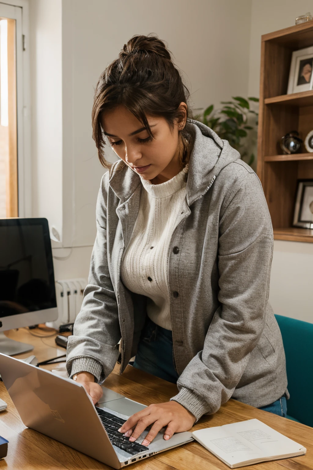 mujer trabajando en su computadora con chaqueta de frio en en interior de su casa