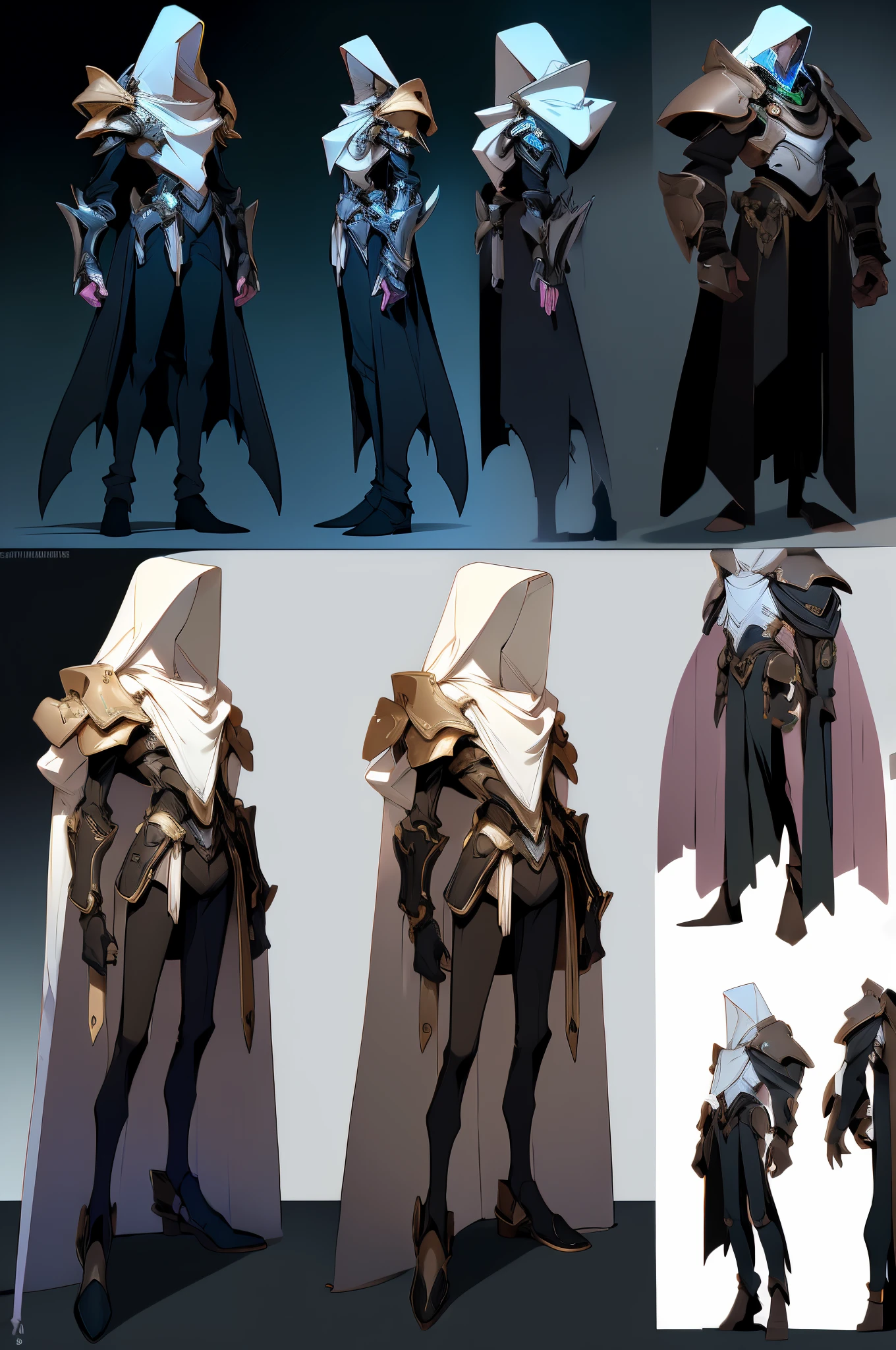 (conceptual drawing,multi view:1.2) youth,Tall and slender,The skin is pale,Simple,hooding,Light armor,abstact