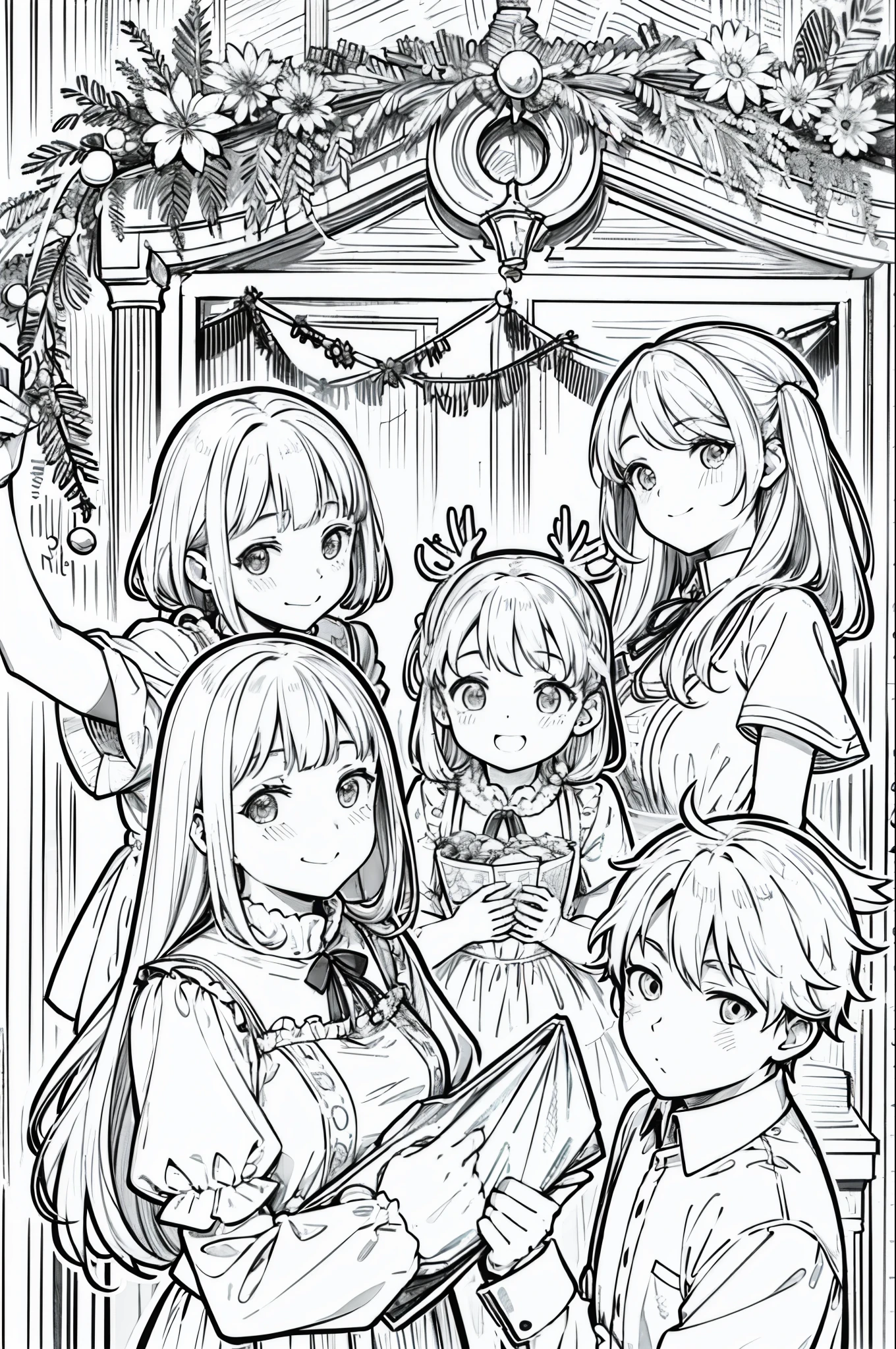 Christmas party, line art, no text, rule of thirds, harmony, fun, sketch, family fun