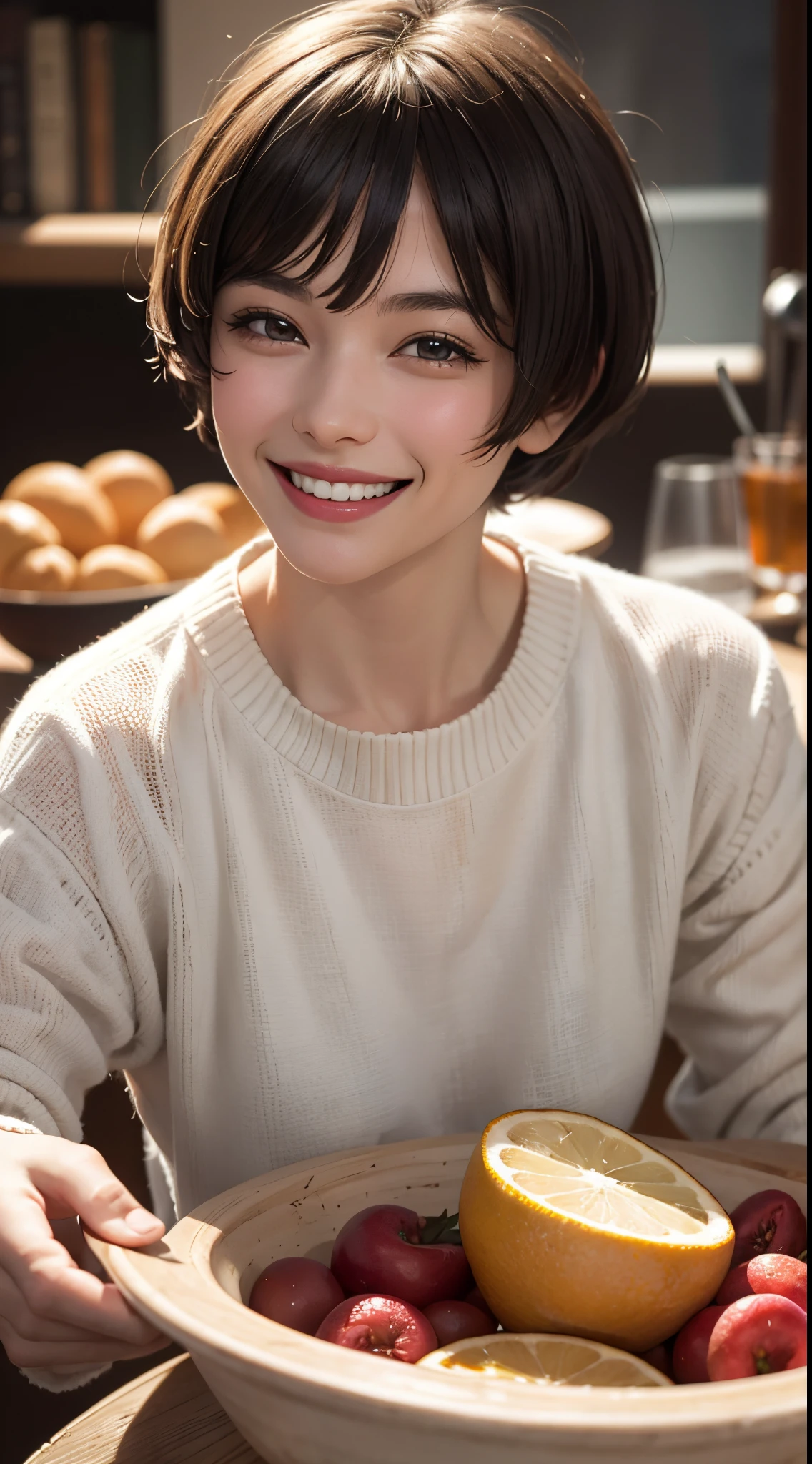 [eye reflection], (smile and laugh:1.5), bowl cut, UHD, retina, masterpiece, ccurate, anatomically correct, textured skin, super detail, high details, high quality, best quality, highres, 1080P, HD, 4K, 8k, 16k