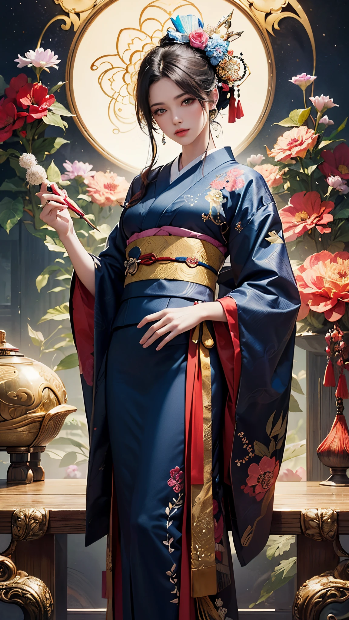 (masterpiece, top quality, best quality, official art, beautiful and aesthetic:1.2), (1girl),elaborate costume(Luxurious Japan kimono(Colorful kimono(detailed embroidery))), extreme detailed,(Fractal art),colorful,highest detailed,Mandala in the background