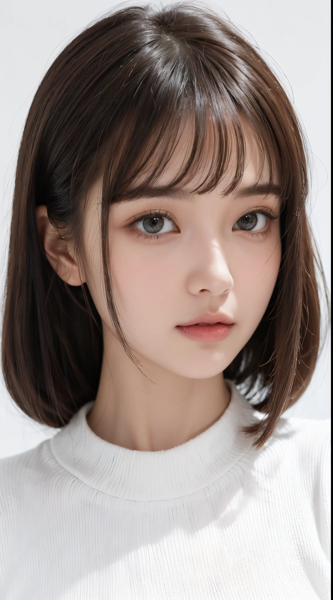 1girl,face,white background,Micro Bangs with See-Through Bangs hairstyles,breasts,sweater
