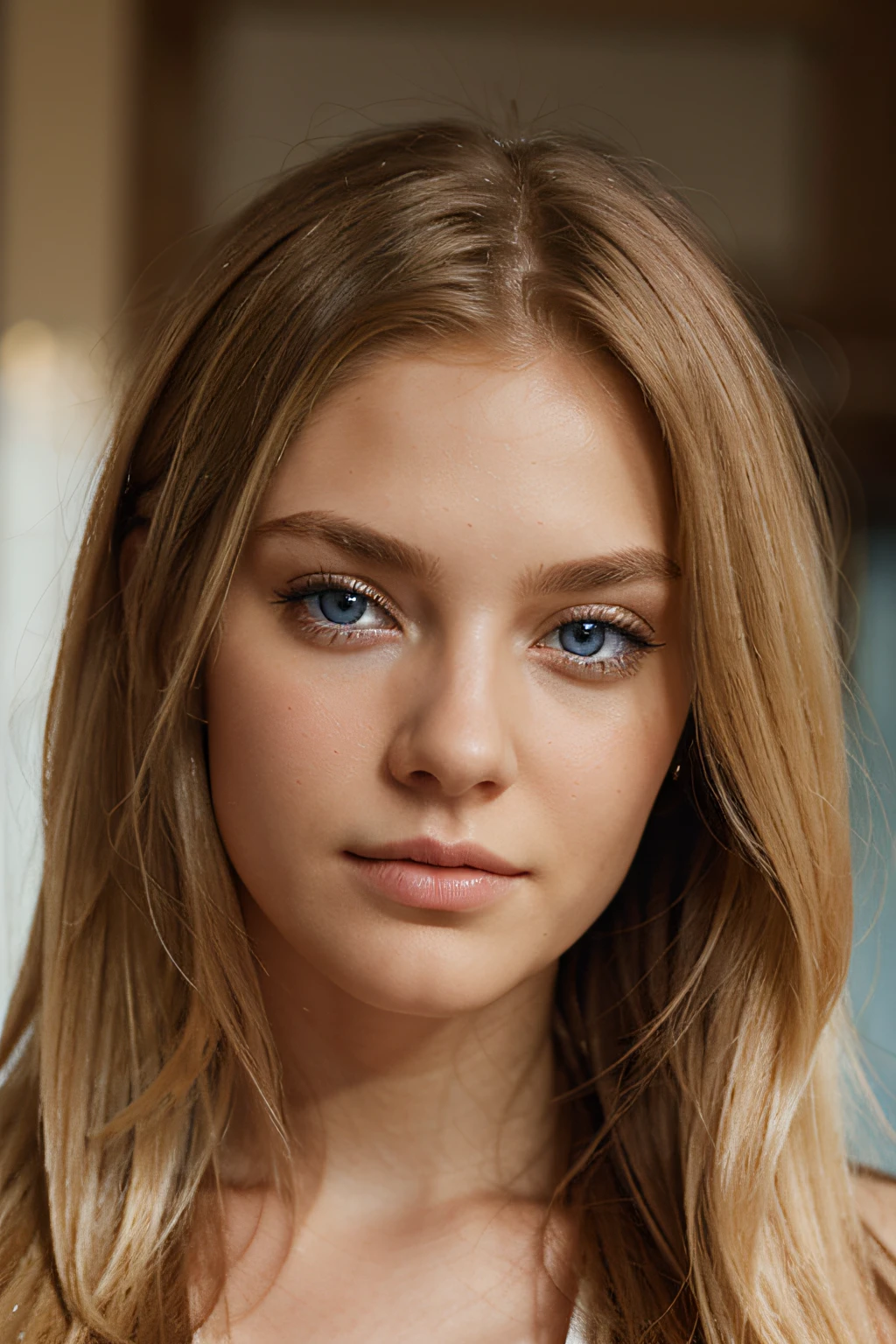 Blonde, blue eyes, long hair, close up