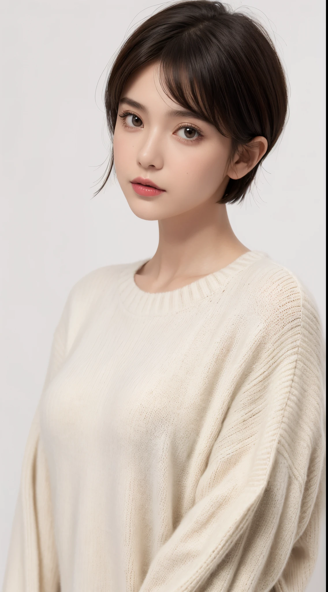 1girl, sweater, Retro Pixie haircut, white background