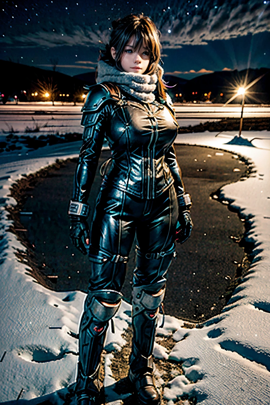 female Adventurer, photogenic pose, dark snowy night field, full body shot, giga-busty --ar 2:3