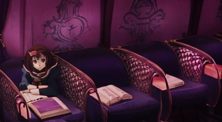 Anime scene of a girl sitting at the table with a book, random background scene, Madhouse Studio anime style, typical anime classroom, in the gryffindor common room, backroom background, background bar, decadent throne room, High from now on, Anime background art, speakeasy bar background, lounge background, anime movie screenshot, Purple leather dungeon bedroom, Classroom background