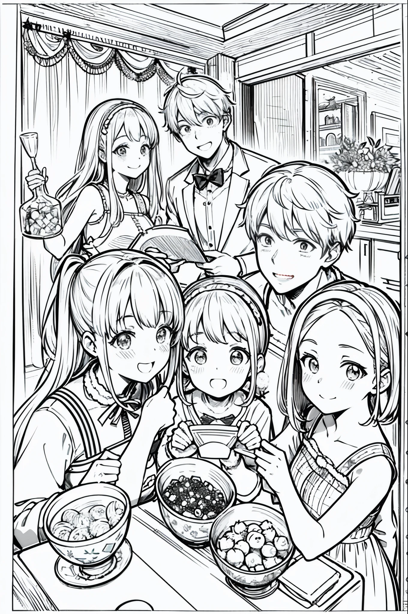 Christmas party, line art, no text, rule of thirds, harmony, fun, sketch, family fun