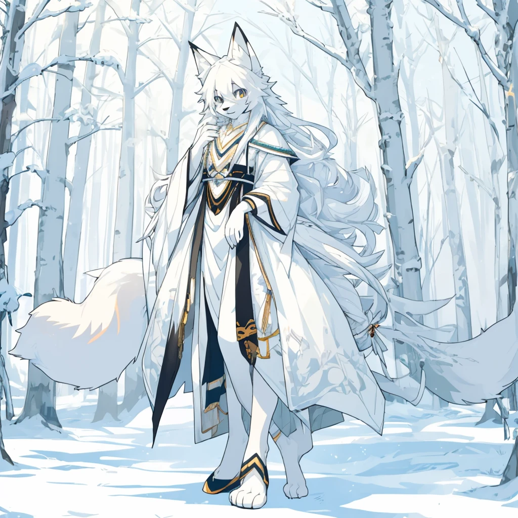 top-quality，Best quality，vectorial art，High-quality illustrations，tmasterpiece）（Common，furry anthro），城市，mid day，(Girl white humanoid fox:1.2), Curious，recovered，look for，hyper detailed illustration，the only person，The limbs are intact，Long white hair，Pure white tail，Pure white skin，One tail，Full body lesbian，only white fur