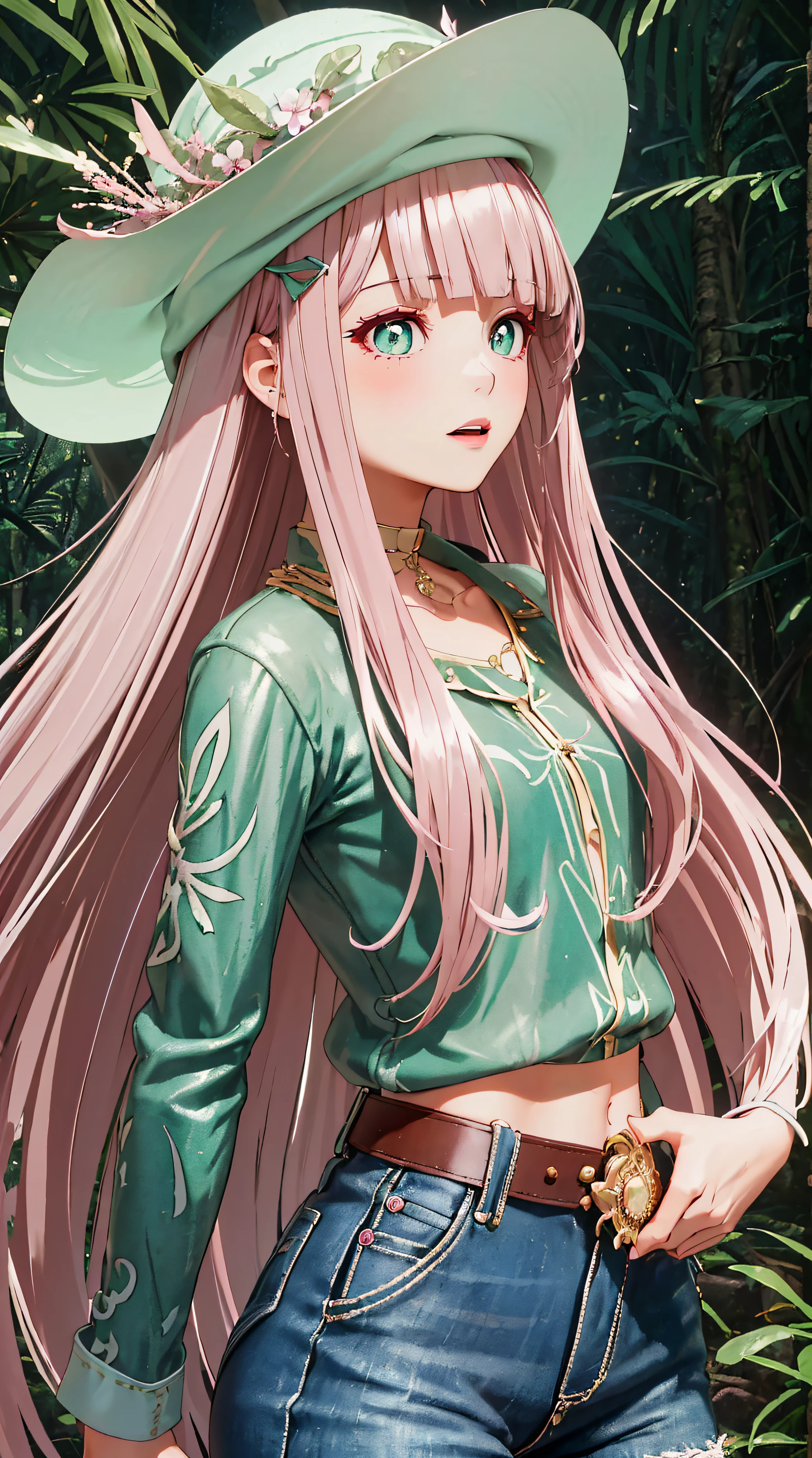 (((((with pink hair,Emerald pupils,Explorer hat))))),((((((En plein air,Beautiful rainforest scenery, Dappled moonlight,)))))(((tiger fur coat suit,Brown jeans,))) (((Be red in the face))), (Geometric:1.1), ((mature,Amazing Cleavage,cute female child,Alone,cow boy shot,))(tmasterpiece,Best quality at best, offcial art, Beautiful and beautiful:1.2),(16k),((little breast)),(God illuminates,),Focus sharp, (((highdetailskin,))),Costume details are intricate,Delicate pupils,((((long whitr hair|detailed hair||bluntbangs|side locks)))),Elongated,(Masterpiece side light),(The sheen),(beautiful hairl,pretty eyes,)((Incredibly ridiculous quality,blur backgroun,bokeh:60mm)),((exceedingly_Detailed pubic hair_The eye_big breasts and big breasts_the face)),Movie Girl,(dynamicposes:1.2),outstanding,lisses, ((hair pin)),Ultra-accurate depiction, Ultra-detailed depiction,