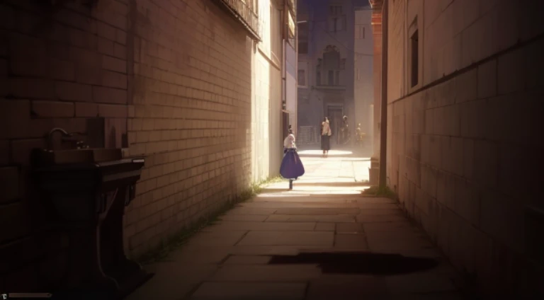 There is a toilet in the narrow alley，There is a sign on the wall, inside a castle courtyard, Screenshot of the animated movie, Screenshot of black clover, attack on titan scenery, ancient city streets behind her, Karl Spitzweg. unreal-engine, in the anime film, Stand in the alley, Violet Evergarden