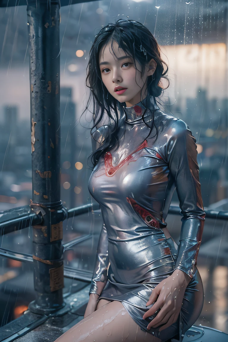 (((1人の女性: 2))), {Beautiful girl in chrome-plated silver metallic latex mini dress:1.5}, (Turtleneck off-shoulder latex minidress:1.5), ((Rooftop of a city building with a beautiful night view:1.8)), (Cute girl at 18 years old), ((1screen)), 8K, 16 K, RAW shot, top quality photo, masterpiece, Nice realistic photos, ((Anatomically correct proportions: 1.5)), {Beautiful woman with black hair like a Japanese actress}, small head, Detailed face, Detailed eyes, Narrow Nose, Detailed fingers, detailed arms, Detailed skin, Detailed legs, short torso, Narrow waist , Large breasts, Nipple shadow, Small buttocks, {Gravure photo shoot with bold pose:1.2}、Crotch open pose、(Heavy rain:1.6)、(Rain-soaked skin:1.5)、(Rain-soaked hair:1.5)