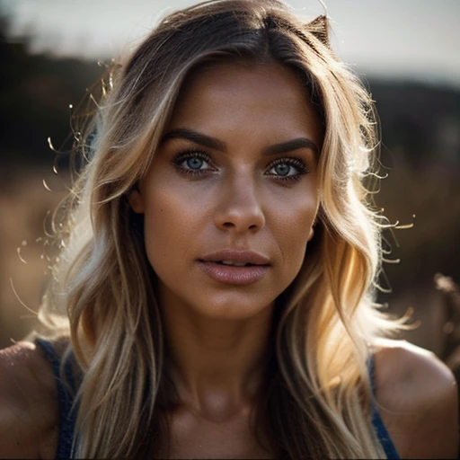 Photorealistic of a insanely beautiful woman with blonde windy messy hair, in the style of panasonic lumix s pro 50mm f/1.4, light beige and dark azure, celebrity images mashups, soft realism, barbiecore, 32k uhd, luminous quality, swiss realism, niji 5