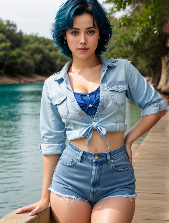 (highres:1.2), realistic sailor Mercury, blue jean outfit, beautiful detailed eyes, beautiful detailed lips, mercury background, bubbles