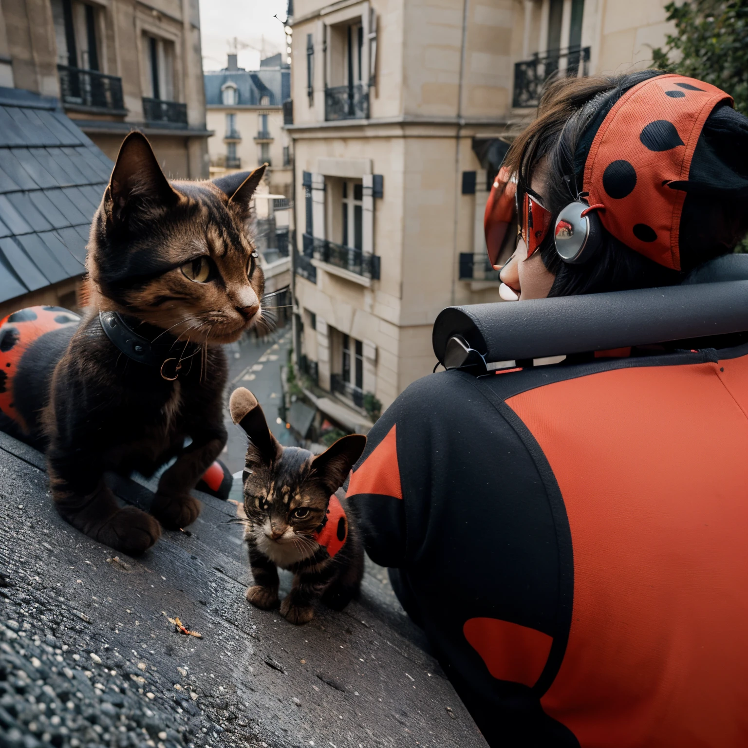 Cat noir and ladybug together to protect on top of a house in paris doing an action pose (but ladybug is a boy)