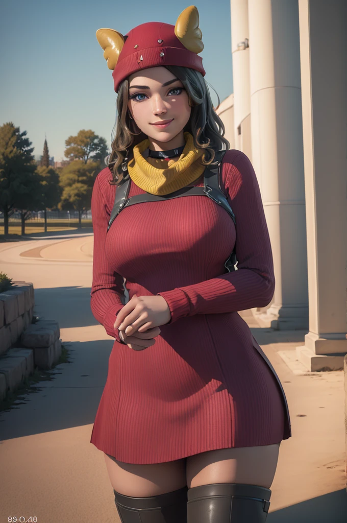 (8k, best quality, masterpiece:1.2), (realistic, photo-realistic:1.37), ultra-detailed, 1 girl,cute, solo, ,beautiful detailed blue eyes, medium wavy hair, standing in a park, smiling, looking at viewer, ,light brown hair, red hat,choker, yellow scarf, red sweater,,, pantyhose, , thick thighs, big breasts