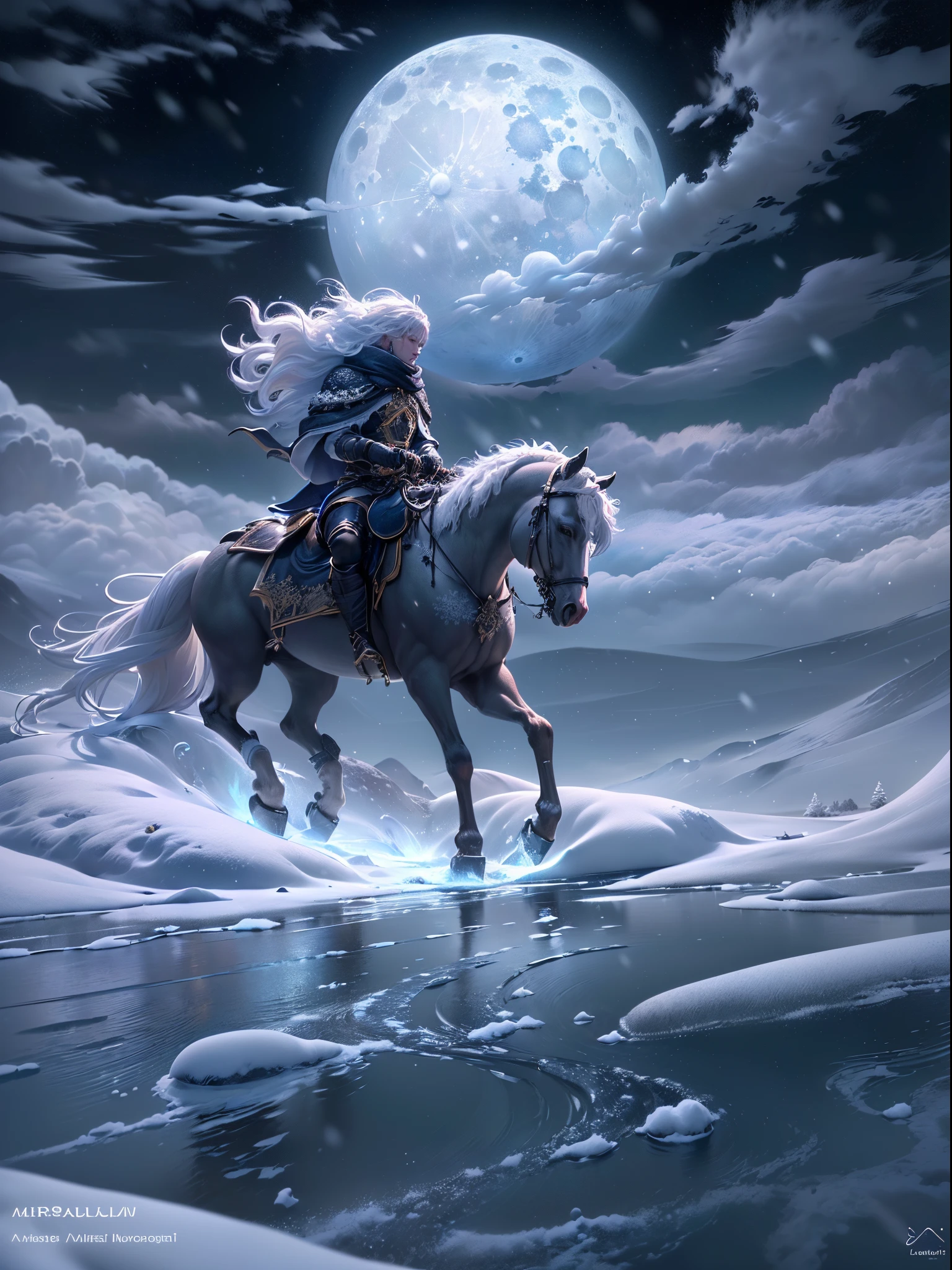 ((best quality)) , ((masterpiece)) , (detailed) ,beautiful detailed glow, detailed ice, beautiful detailed water, (cold full moon) , snowflake, (floating cloud:1.2) , On pale black paper, Cycles render, landscape of a lower class (snow:1.2) in the distance there is a Madara Rider, at Midday, Realistic, Libertywave, Ambrotype, contest winner, trending on artstation, 8k resolution