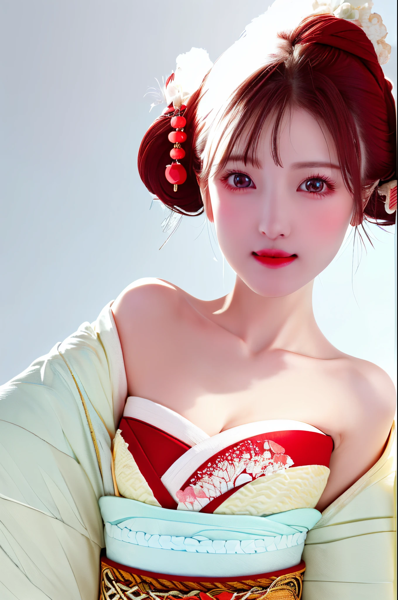(8k, RAW photo, best quality, highres:1.2), (realistic, photo-realistic:1.5),  1girl, solo , pale skin,   beautiful face,  cute, extremely detailed eyes, cherry heart-shaped lips, upper body,  kimono,