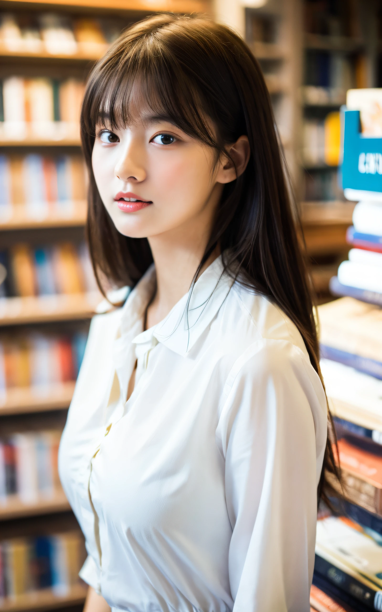 masutepiece, Best Quality, 8K, 18 yo, (Large breasts:1.2), Open your mouth and say something, book shop, cute little, Solo, sad, Full body, Cute, Girly, Delicate girl, Neat and clean beauty, Raw photo, Professional Photography, Portrait, Soft light, Professional Lighting, Back lighting, Sophisticated, Film grain, (Eyes and faces with detailed:1.0), medium length floating hair , Beautiful flowing hair, collared white shirt