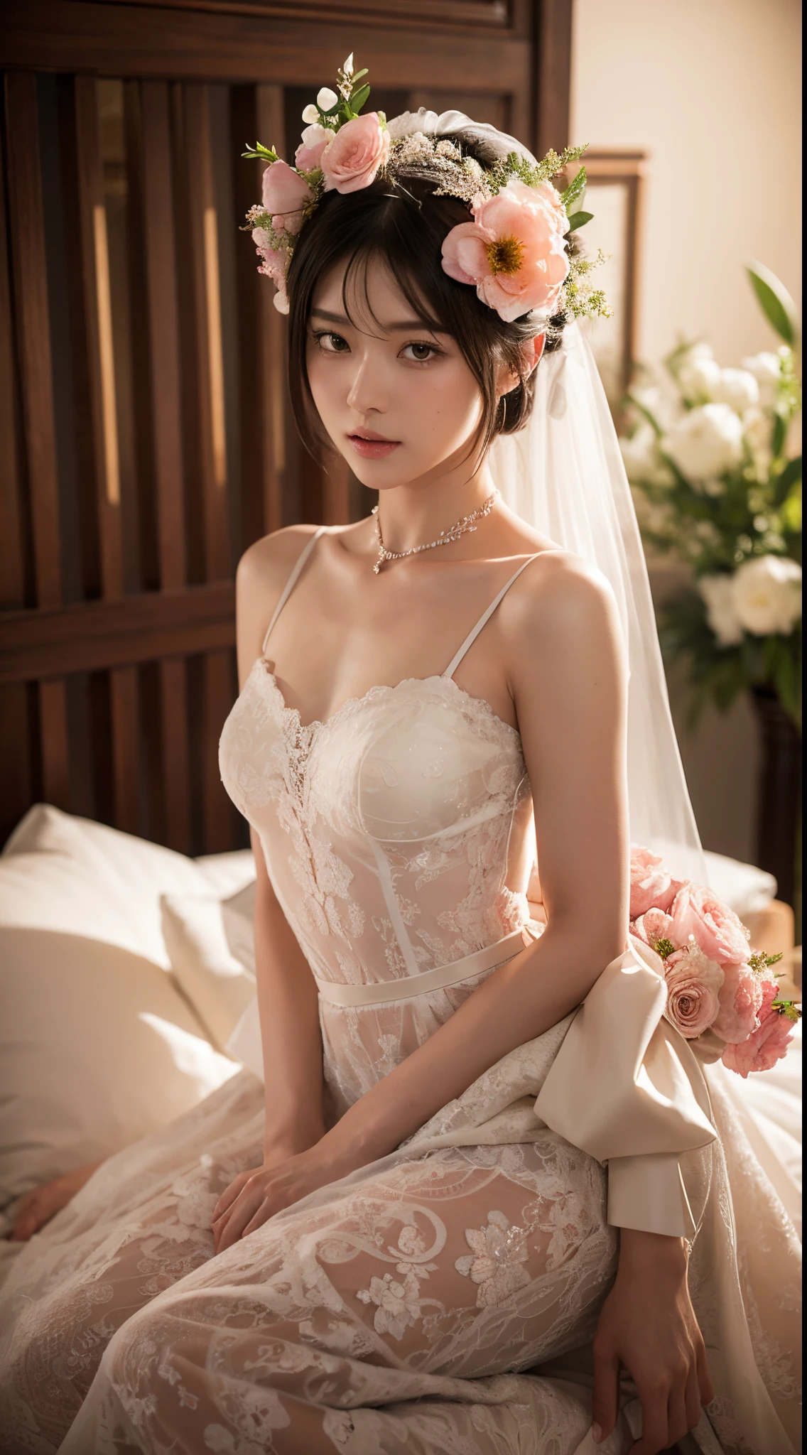 masterpiece:1.2, best quality), realistic, (real picture, intricate details, depth of field), (1girl, solo), make up, parted lips, highly-detailed, perfect face, (skindentation), thick thighs, wide hips, small waist, tall, glossy coral lips,, (A girl in a wedding dress with flowers in hands )), sexy, blushing, Mikasa from AOT