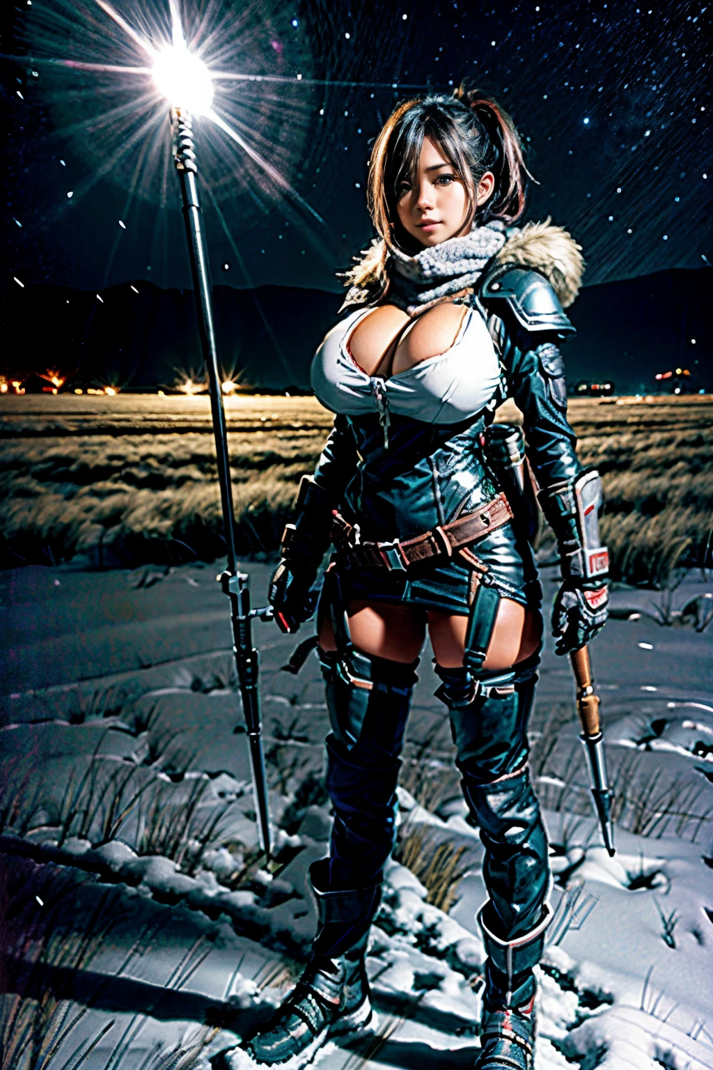 female Adventurer, photogenic pose, dark snowy night field, full body shot, giga-busty --ar 2:3