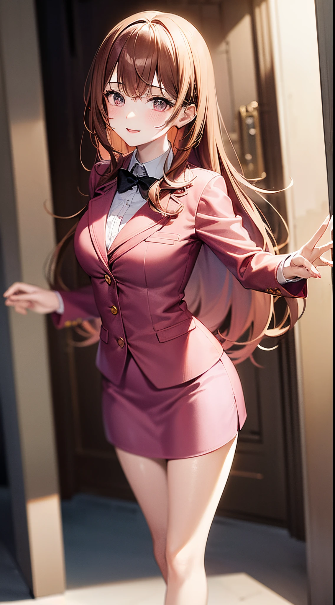masterpiece,best quality, 1girl, solo, caucasian, pale skin, long curly reddish brown hair, hazel eyes, pink skirt suit, pink blazer, pink neckite, pink pencil skirt, black high heels, full body, smile