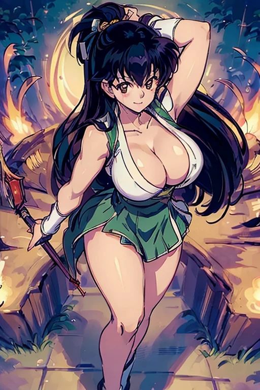 (best quality,ultra-detailed,realistic:1.37) Kagome Higurashi, mai shiranui from the king of fighters, beautiful detailed eyes,beautiful detailed lips,smiling with happiness, 25yo, Japanese mature female, wearing a green short kimono, matured face, blushing, joyful expression, dynamic pose, big breast, big hips, full body view, big body, thick, (Curvy:1.35), ((Master piece)), best quality, perfect bodies,beautiful detailed eyes, extremely detailed face, perfect lighting, long black hair, golden eyes,